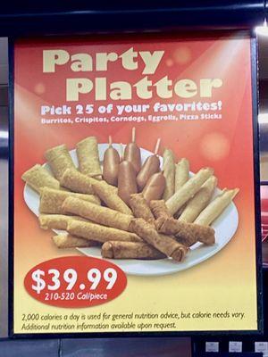 Seriously?  25 pc Party Plate from a gas station! Lol!  Corn Dogs, Pizza Sticks, etc. Cashier said they do get orders round the holidays