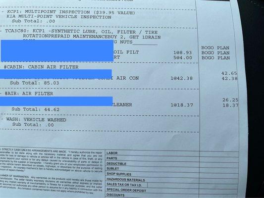 Cost of 2 air filters.