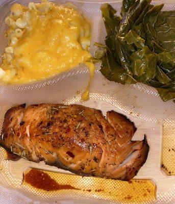 Teriyaki Salmon with Mac & cheese and greens