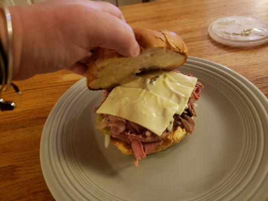 Super beef with American cheese, horseradish sauce, pickles and onions.....best combination ever.