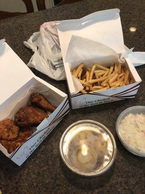 Fried chicken, sides and fries.