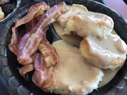 Two huge biscuits, five medium-slice pieces of bacon or two large sausage patties and gravy: $3.69.