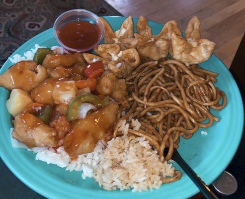 Sweet and Sour Chicken, Plain Lo Mein, 8 Pieces Crab Cheese Wonton, Fried Rice, Steamed White Rice