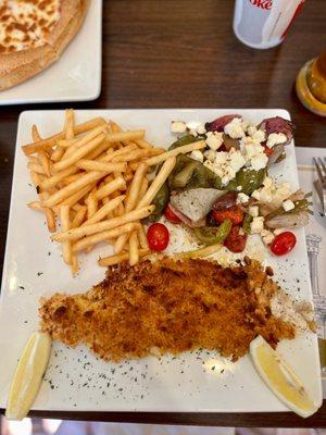 Baked haddock with warm Greek salad & French fries (delicious!)