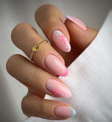 Pink and blue French tips with matching flowers