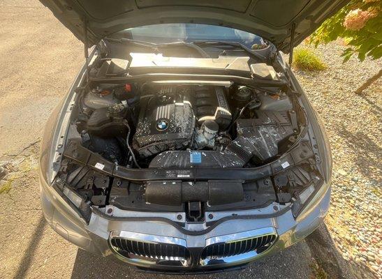 The coolant all over the engine bay from the blown radiator.