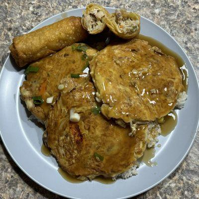 Roast Pork Egg Foo Young, Fried Rice and Egg Rolls