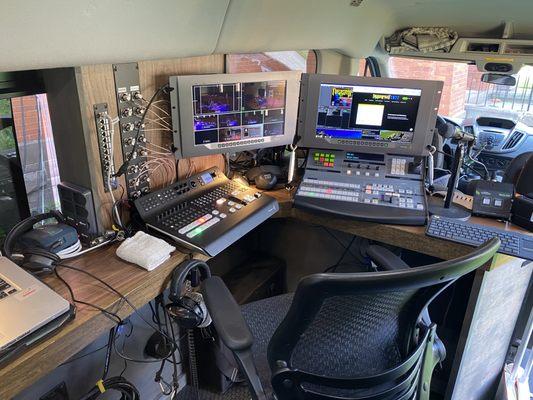 A view of the video end RadHaus mobile control room. The RadHaus truck is unique, providing both multi-track audio and multi-camera video!