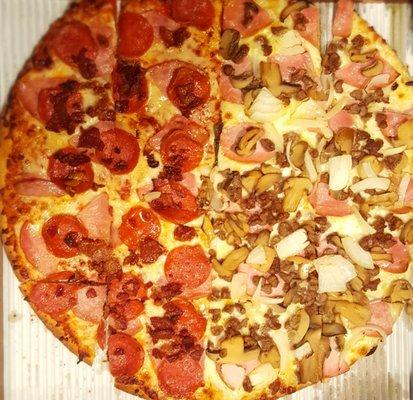 Thin crust half meat lover, half ham, mushrooms and onion. In my opinion the best pizza in Savannah!