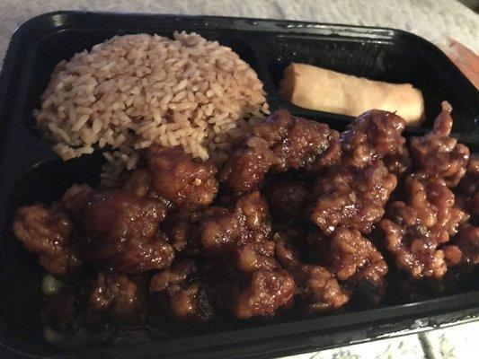 Scallion Chicken with fried rice and spring roll.