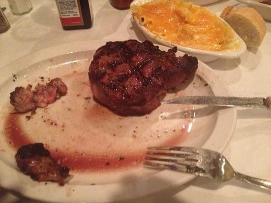 Steak and homemade mac and cheese.