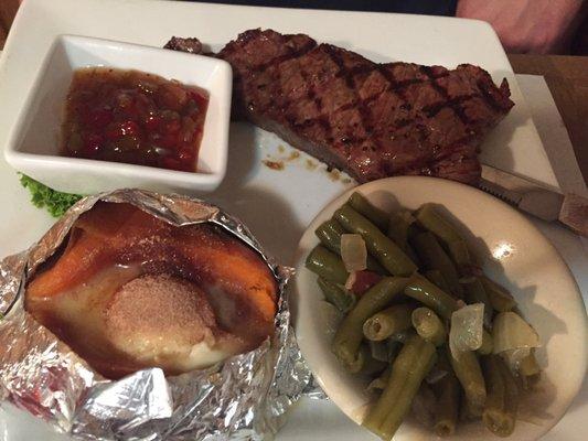 8oz NY Strip with 2 sides and a salad, $14.95