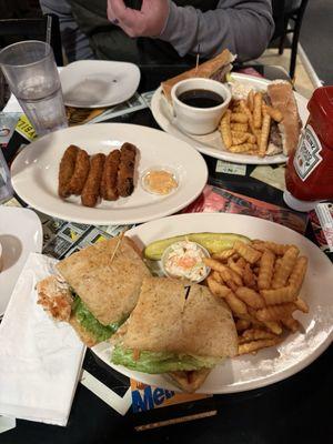 Chicken pesto panini, fried pickles and French dip