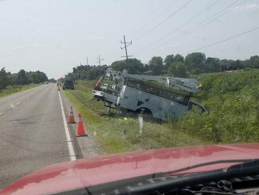 Power company got stuck doing line maintenance. Glade we were able to help. Heavy truck to pull out