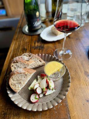 French Cultured Butter, Le Beurre Border, Tarts de Feybesse levain bread, summer radishes