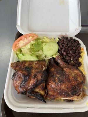 Rotisserie Chicken, rice and beans and salad.