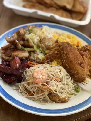 Shrimp mei fun, bbq spare ribs, chicken teriyaki, chicken wings and pfr. Fried dumplings in the background.