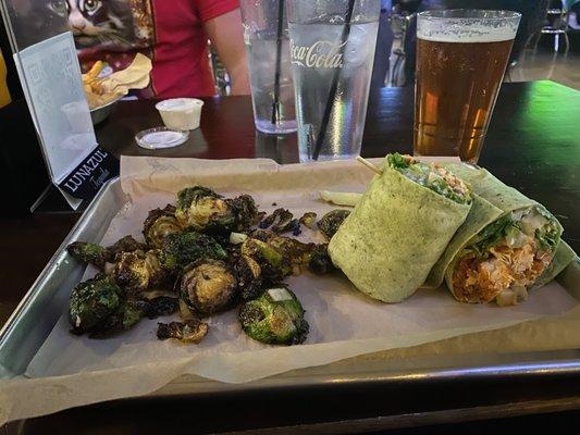 Buffalo Chicken Wrap with Brussel Sprouts.