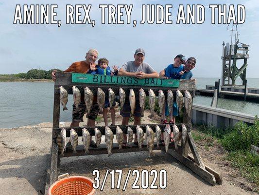 Limits of Black Drum and a Redfish for this crew! Come on out and book our charter boat so you can catch some memories!