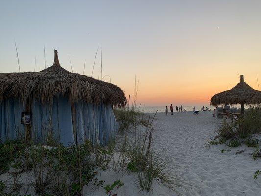 Private beach at sunset. To the left is the Searenity massage hut!