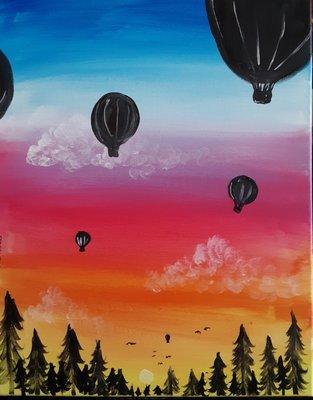 A Tokes and Brush Strokes painting of hot air balloons in a forest sunset