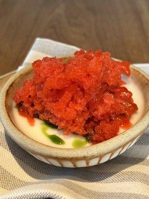 Panna cotta with strawberry granita and basil