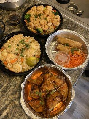 Chicken wings, veggie rolls, Pineapple Fried Rice