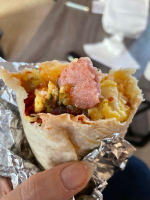 Breakfast burrito with kielbasa to DIE for