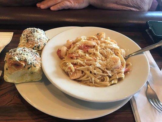 Shrimp Linguini with garlic rolls only &7.50!