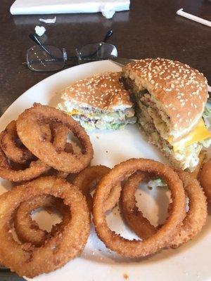 Superburger and onion rings