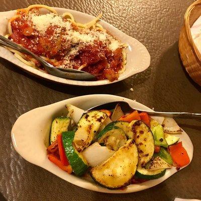 4th and 5th course: Spaghetti and meatballs and roasted veggies.