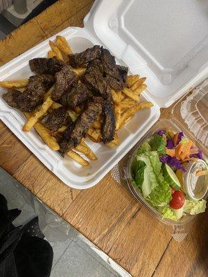 Steak tip dinner with fries & salad