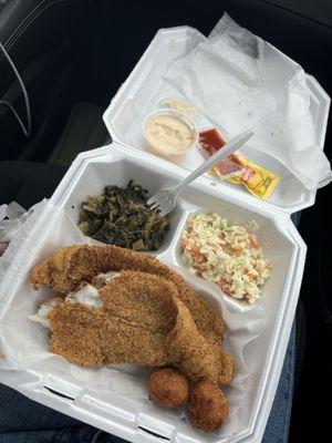 Catfish Plate with turnip greens, coleslaw and hush puppies