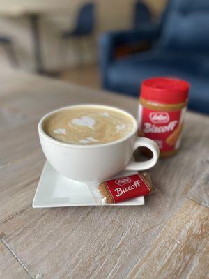 Biscoff Latte made with real biscoff cookie butter spread, served with an individual biscoff cookie