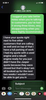 Text from Joseph to a Customer