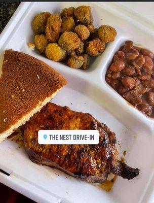 Pork Chop, Fried Okra, Pinto Beans & Cornbread