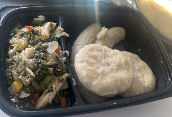 Callaloo and Saltfish with Ground Provisions. Tastes good, just too greasy