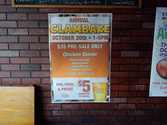 Clambake info as of October 2019.