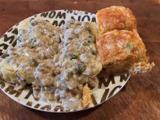 I plated the biscuits up to take it up a notch at home - cheddy chive and biscuits and gravy