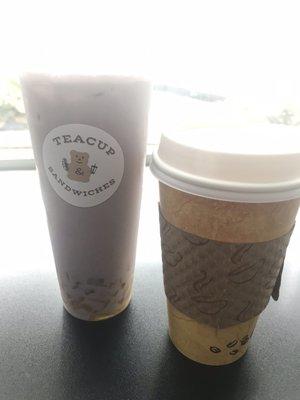 Taro milk tea (50% sweetness) and hot ginger tea (50% sweetness)