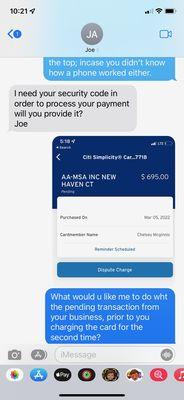 Threatened with legal action while providing time-stamped documentation (taken during the text conversation) of pending transaction.