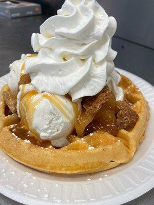 Hot Apple Pie Crumble in a fresh baked waffle!