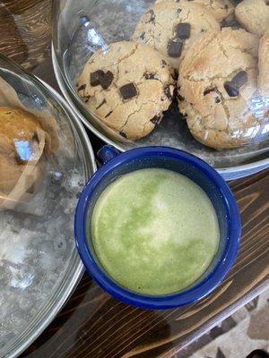 Matcha latte, cookie, muffin