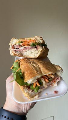 Banh Mi Pate Thit Nguoi (classic banh mi with pate, virt cured meats, bbq pork, pickled carrots, cilantro, cucumber)