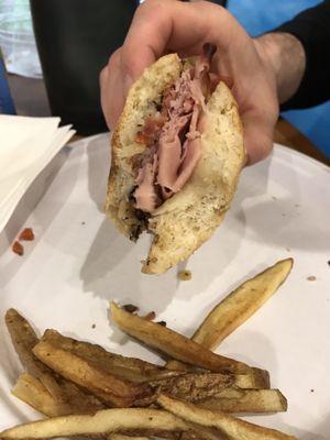 Muffuletta sandwich - awesome fillings, but crusty bread was a bit too tough