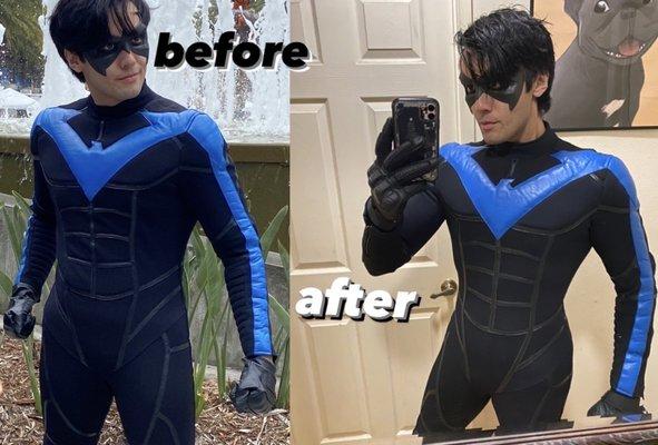 Nightwing suit made with extra padding, was trimmed to be more form-fitting and thus truer to my physique.