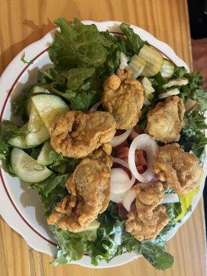 House salad with delicious lightly fried oysters