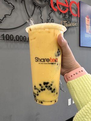 mango green milk tea with mini pearls