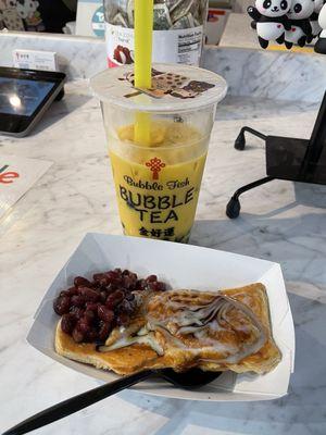 Mango boba drink and croissant fish with sweet red bean