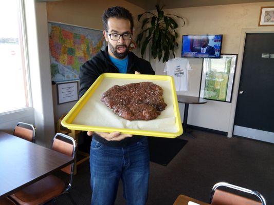 The giant 2 pound fritter looks scary up close. It's so spread out but still was plenty thick.